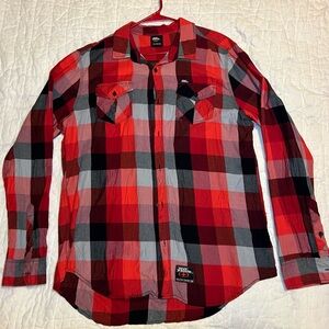 Vintage y2k No Fear Plaid Button-Up Shirt Red/Black/Gray XL Long Sleeve Mens